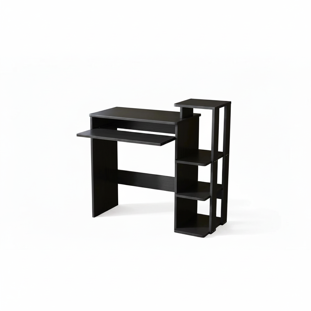 Black corner desk with shelves on a white background