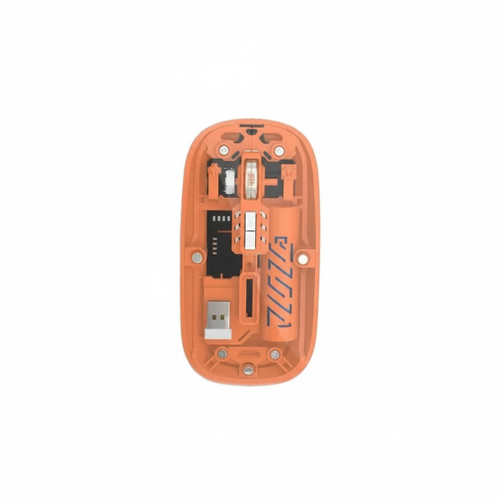 Orange electronic device with visible branding on a white background
